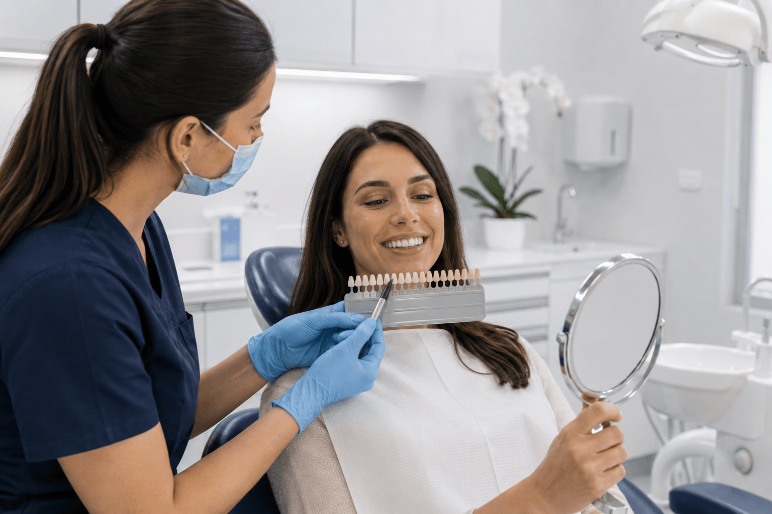 Professional teeth whitening service overview showing consultation with shade guide and treatment room setup